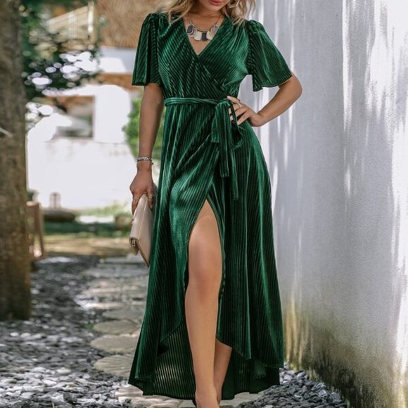 Wrap Knot Side High Low Hem Velvet Dress - Picture 6 of 7